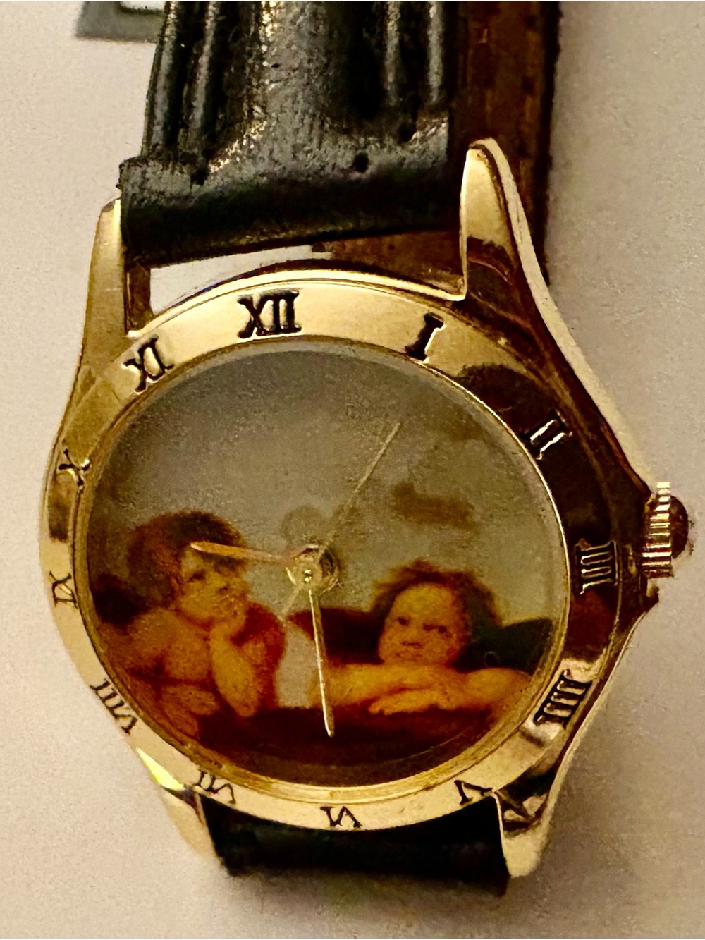 Gold Tone Cherub Watch Face Leather Strap - Unbranded vintage